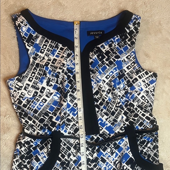 Jessica Abstract Blue and Black Dress with belt sz 10 Petite - Picture 11 of 14